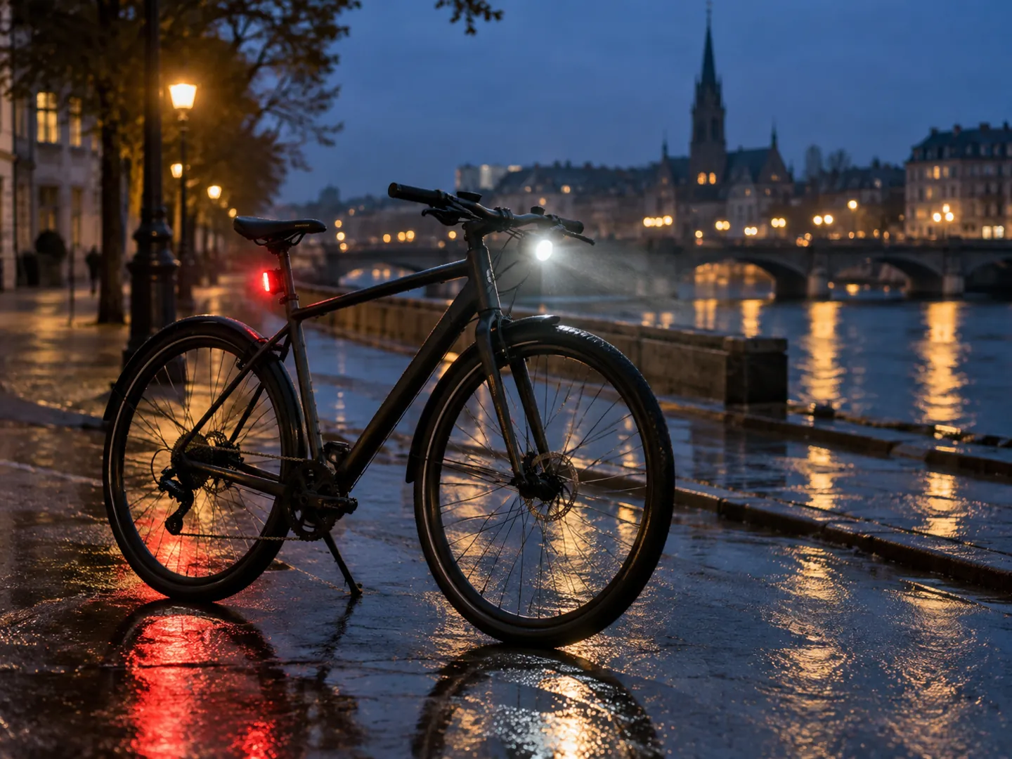 A bicycle at dusk on a wet city street with a bright white front light and a red rear light glowing