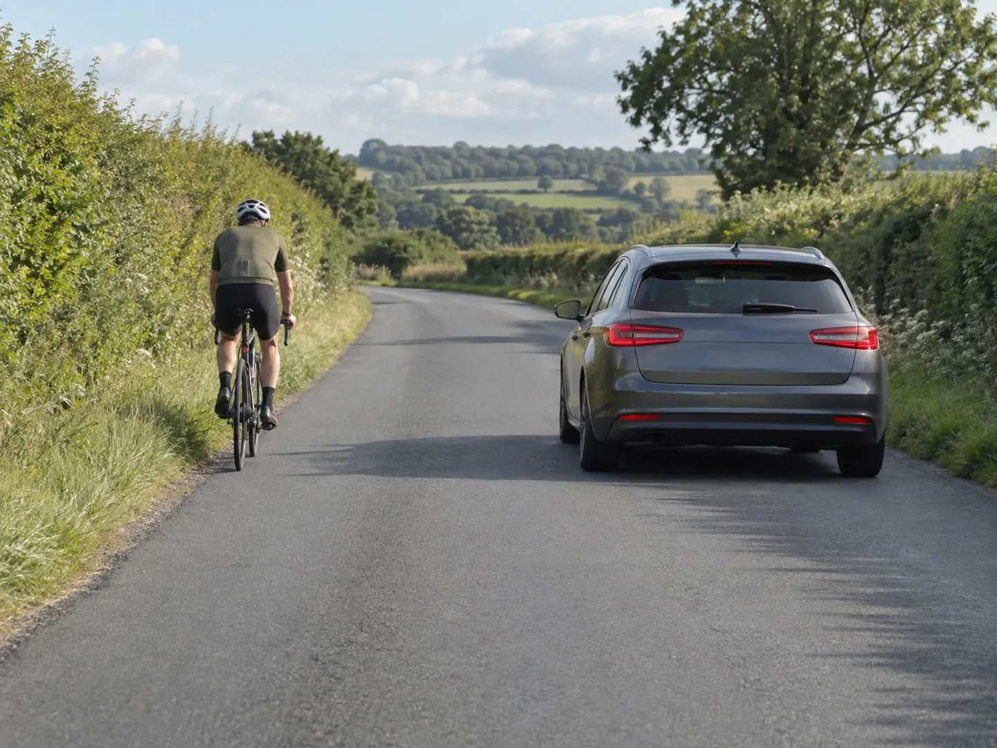 A car overtaking a cyclist with a wide gap on a country road, seen from behind